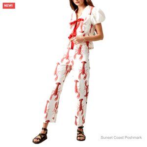 2 Piece Puff Sleeve Lobster Print Pants Top Set Ankle Length Lace Up Top New